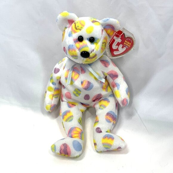 TY Beanie Babies Eggs The Easter Egg Bear White Yellow Pink Polka Dot 8" 2003 - Picture 8 of 8